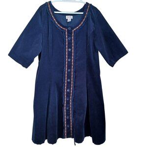 Lanz Of Salzburg Dress Navy Blue Corduroy Button Down House Dress Womens 1X